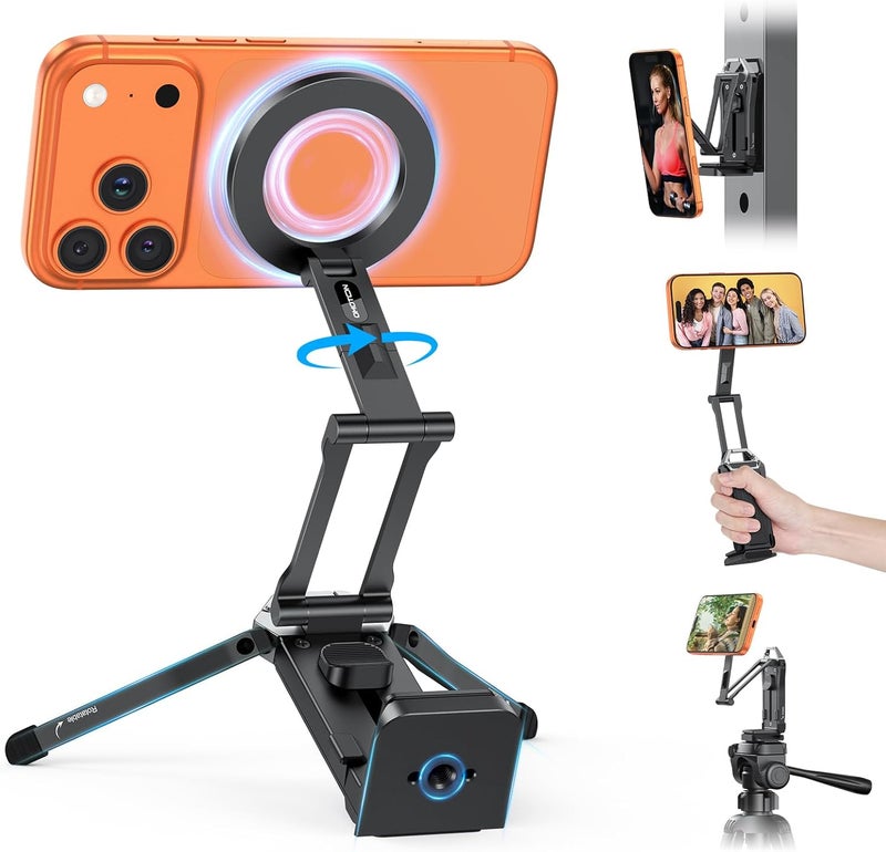 Omoton حامل ثلاثي دوار 360° مع مغناطيس ماج سيف، ترقية جديدة مع برغي 1/4" أركا، حامل هاتف مغناطيسي قابل للتعديل لجهاز آيفون 17/16/15 برو ماكس إير، عصا سيلفي قابلة للطي تناسب الفلوغ، الصالة الرياضية، والاحتياجات السفر - Image 1